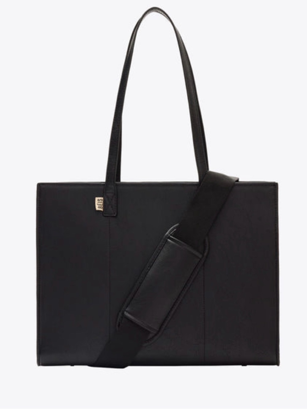 BEIS Black Leather Laptop Tote with Detachable Strap